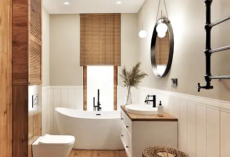 Wnętrze łazienki z wanną, drewnianymi detalami i roślinnością. Styl boho, rustykalny, skandynawski.