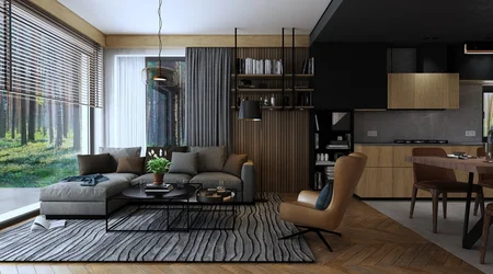 Wnętrze salonu z elementami industrialnymi, nowoczesnymi i współczesnymi.