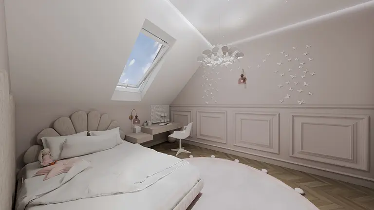 Wnętrze poddasza z białym łóżkiem, biurkiem i różowymi dodatkami. Styl minimalistyczny.