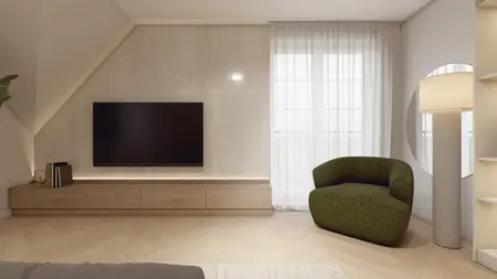Stylowe wnętrze z telewizorem, zieloną sofą i minimalistycznymi akcentami.