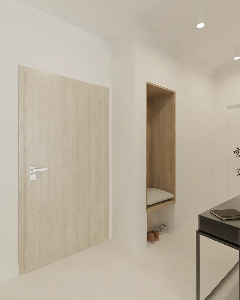 Przedpokój w stylu boho, japandi, minimalistycznym z drewnianymi elementami.