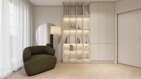 Wnętrze z zieloną sofą, białymi meblami, minimalistycznymi akcentami, soft minimalizm
