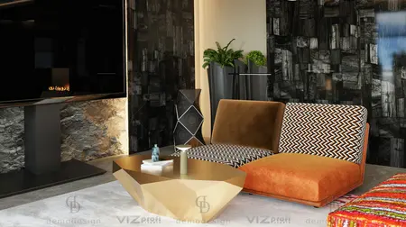Nowoczesny salon z brązową sofą, złotym stolikiem i dekoracyjnymi roślinami.