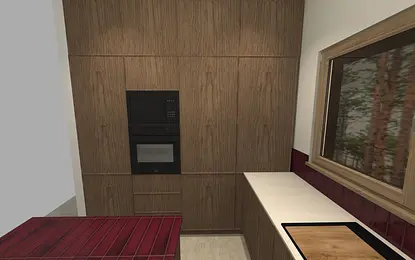 Kuchnia w stylu boho z drewnianymi meblami i czerwonymi detalami.
