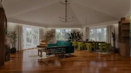 Wnętrze z zielonymi krzesłami, drewnianą podłogą i roślinami, styl art deco, quiet luxury, współczesny.