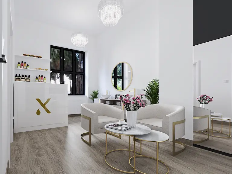 Wnętrze salonu z białą sofą, złotymi detalami i roślinami, nowoczesny styl glamour.