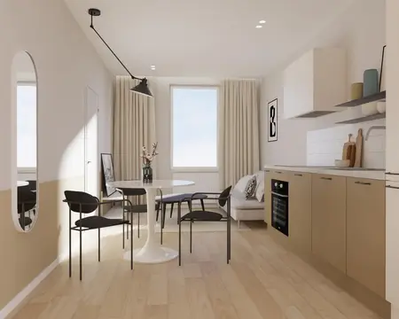 Wnętrze kuchni w stylu japandi i minimalistycznym z jasnymi meblami i drewnianą podłogą.