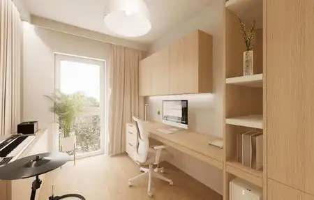 Wnętrze biura w stylu japandi, minimalistycznym i nowoczesnym z drewnianym biurkiem.
