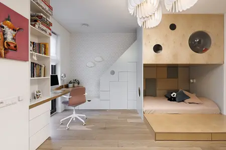 Wnętrze pokoju dziecięcego z łóżkiem i biurkiem, nowoczesny design.