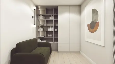 Wnętrze pokoju z zieloną sofą, nowoczesnymi regałami i minimalistycznymi detalami.