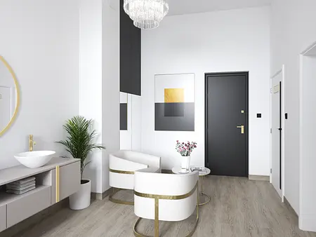Przedpokój w stylu glamour z białymi meblami i nowoczesnymi detalami.