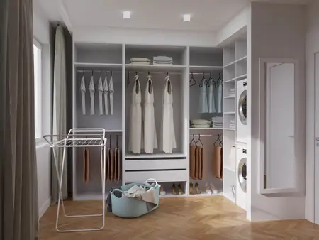 Garderoba w stylu japandi, minimalistycznym i nowoczesnym z pralką.