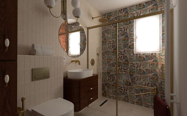 Wnętrze łazienki w stylu art deco z drewnianymi meblami i kolorowymi płytkami.