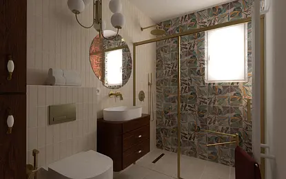 Wnętrze łazienki w stylu art deco z drewnianymi meblami i kolorowymi płytkami.