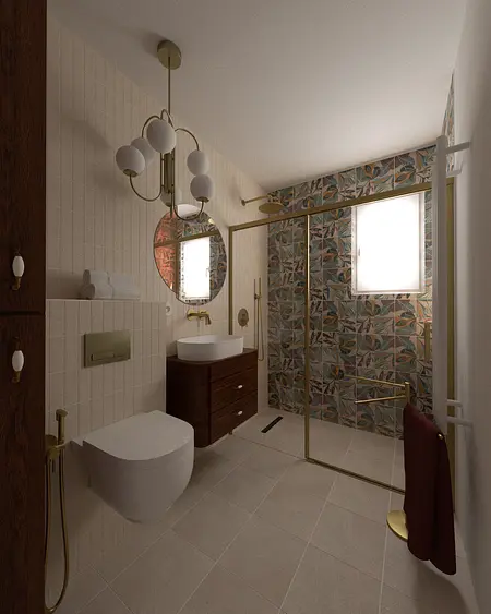 Wnętrze łazienki w stylu art deco z drewnianymi meblami i kolorowymi płytkami.