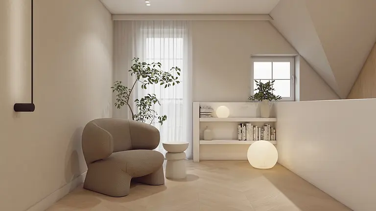 Wnętrze poddasza z minimalistycznym meblem i rośliną.