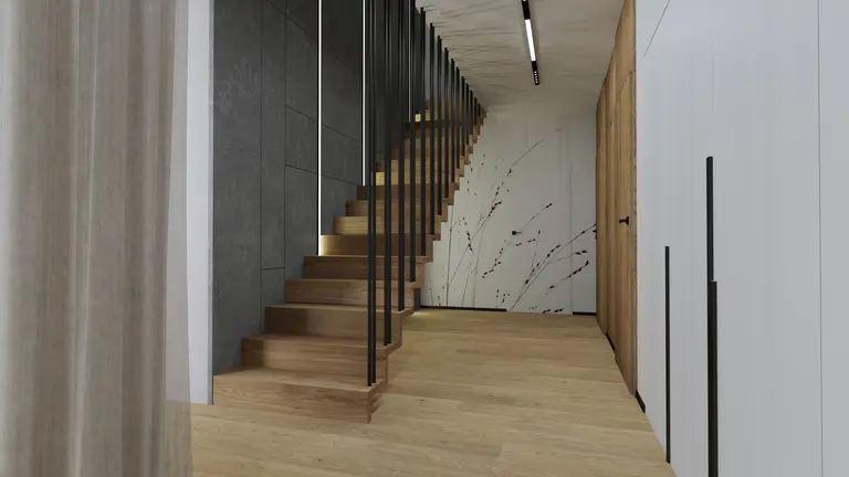 Korytarz z drewnianymi schodami i szarymi ścianami, nowoczesny design