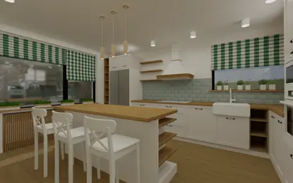 Wnętrze kuchni w stylu rustykalnym z białymi meblami i drewnianym blatem.