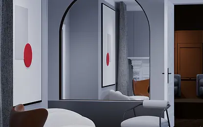 Wnętrze salonu w stylu japandi, minimalistycznym i nowoczesnym z szarymi ścianami i białymi meblami.