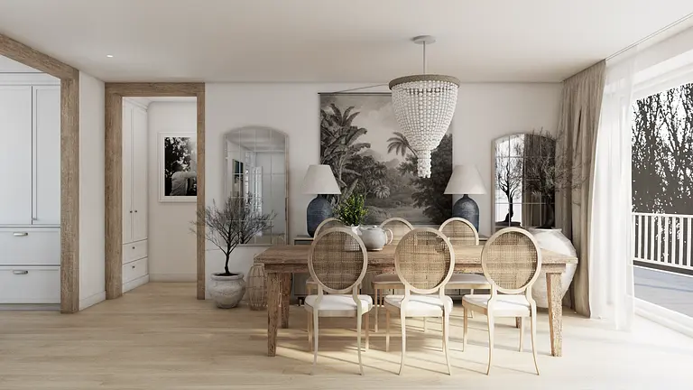 Jadalnia w stylu prowansalskim z drewnianym stołem i lampą.