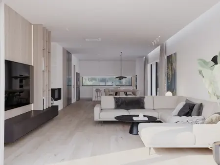 Wnętrze salonu w stylu minimalistycznym z jasnymi meblami, drewnianą podłogą i nowoczesnym oświetleniem.