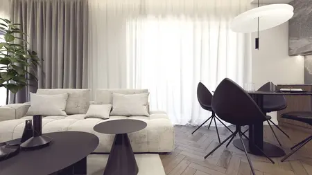 Wnętrze salonu w stylu minimaluxe z szarymi zasłonami i nowoczesnymi meblami.