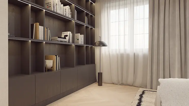 Stylowe wnętrze z regałem, lampą i zasłonami w stylu minimaluxe i nowoczesnym.