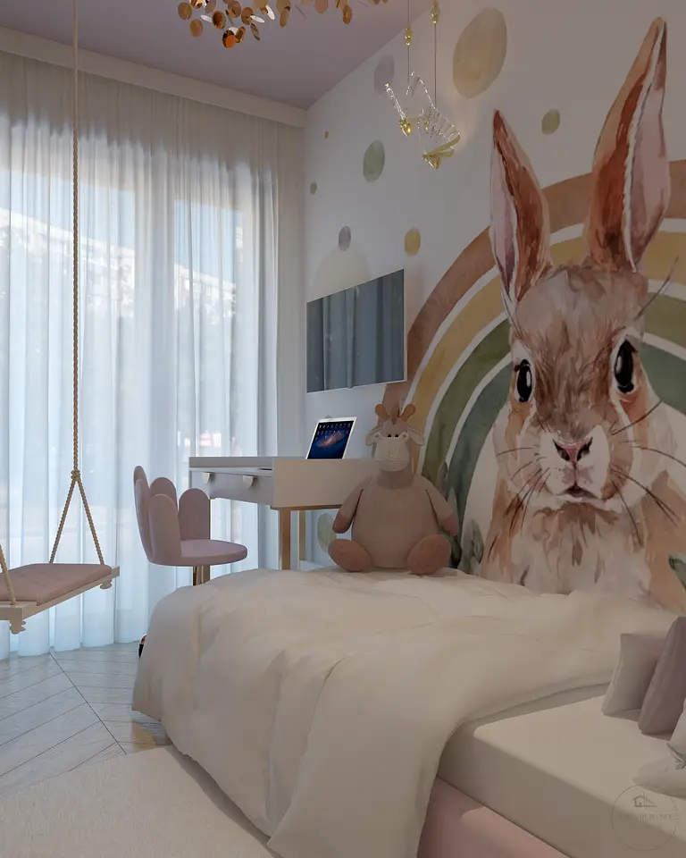 Pokój dziecięcy z tapetą z królikiem, nowoczesnym biurkiem i huśtawką.