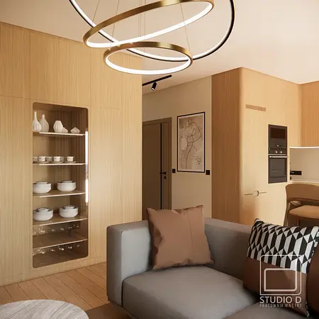 Wnętrze salonu w stylu japandi i minimalistycznym z drewnianymi meblami.