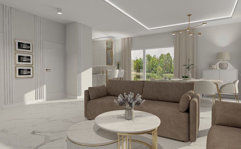 Wnętrze salonu w stylu art deco, glamour, minimaluxe, quiet luxury z brązową sofą i białymi akcentami.