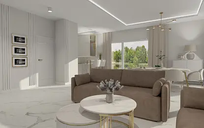 Wnętrze salonu w stylu art deco, glamour, minimaluxe, quiet luxury z brązową sofą i białymi akcentami.