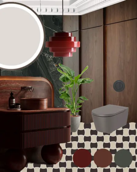 Nowoczesna łazienka z elementami art deco i roślinnością.