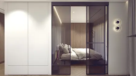 Sypialnia z minimalistycznym designem, nowoczesnymi meblami i drewnianymi detalami.