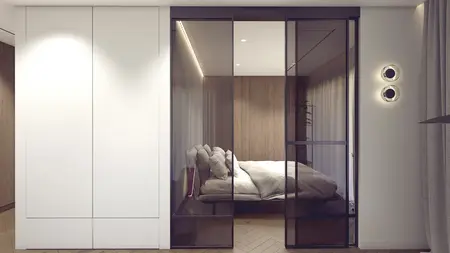 Sypialnia z minimalistycznym designem, nowoczesnymi meblami i drewnianymi detalami.
