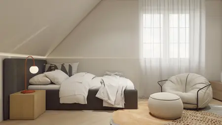 Wnętrze poddasza z łóżkiem, fotelem i nowoczesnym oświetleniem, styl minimaluxe, soft minimalizm.