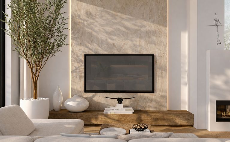 Wnętrze salonu z telewizorem, drewnianą półką i roślinnością, minimalistyczne