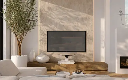 Wnętrze salonu z telewizorem, drewnianą półką i roślinnością, minimalistyczne