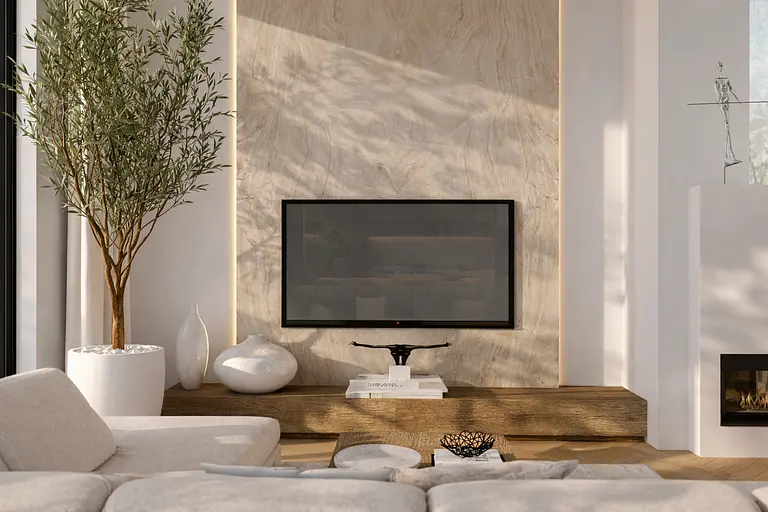Wnętrze salonu z telewizorem, drewnianą półką i roślinnością, minimalistyczne