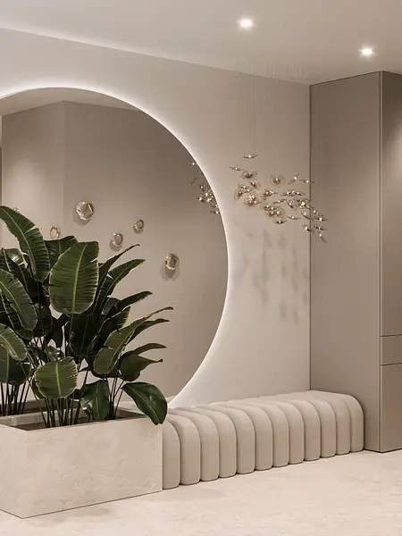 Nowoczesne wnętrze z roślinami, oświetleniem i eleganckimi detalami.