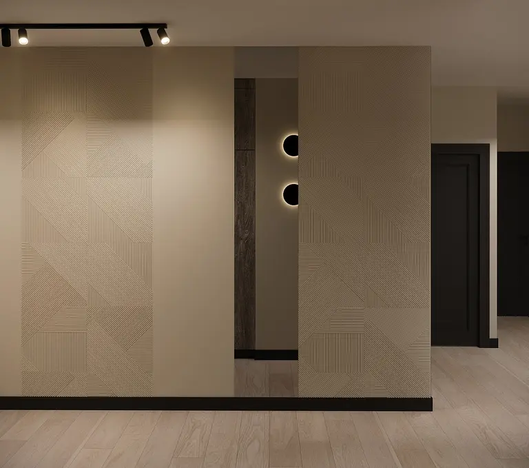 Eklektyczny przedpokój z minimalistycznymi akcentami, glamour i nowoczesnym oświetleniem.