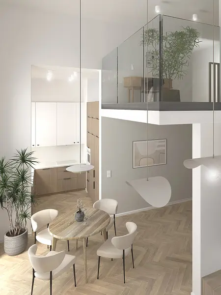 Wnętrze jadalni w stylu japandi i minimalistycznym z drewnianym stołem i roślinami.
