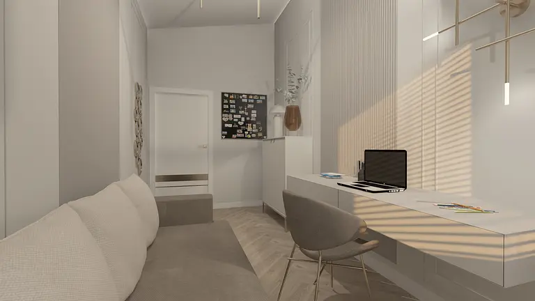 Gabinet w stylu glamour z jasnym biurkiem i szarym fotelem