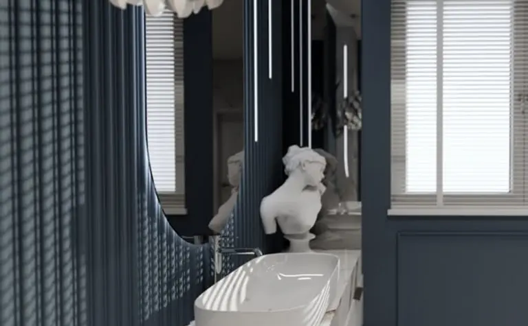 Nowoczesna łazienka w stylu art deco z niebieskimi ścianami i białą ceramiką.
