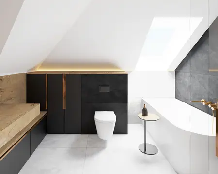 Nowoczesna łazienka z minimalistycznym designem i drewnianymi detalami.