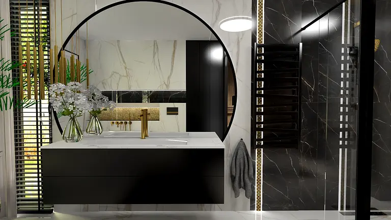 Wnętrze łazienki z czarną armaturą i złotymi detalami, styl glamour i nowoczesny.