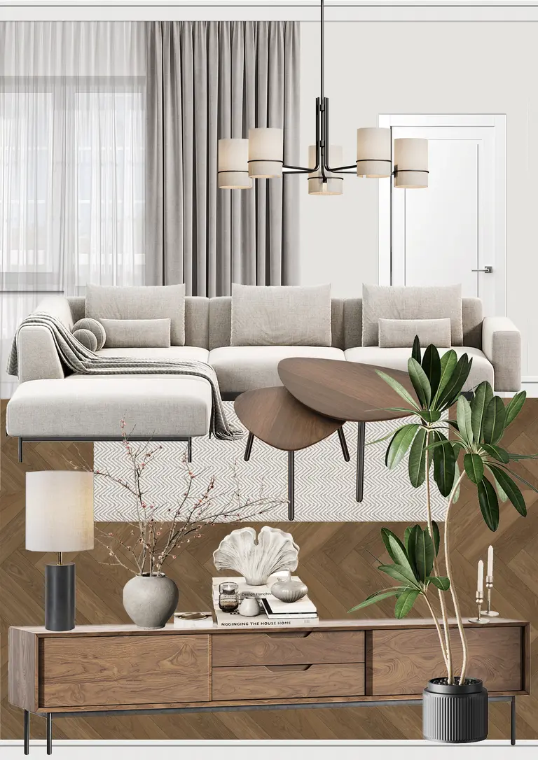Wnętrze salonu w stylu art deco, glamour i współczesnym z jasną sofą.