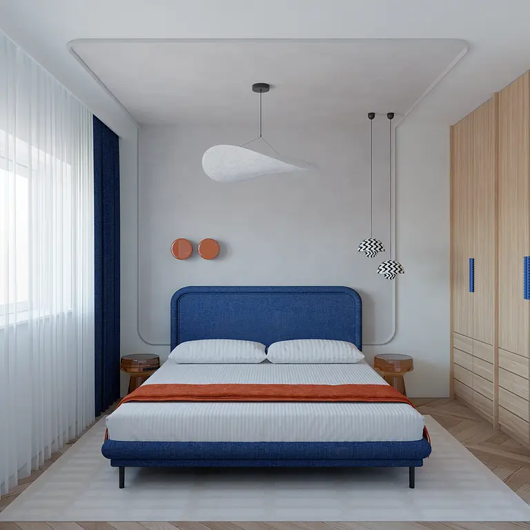 Sypialnia w stylu dopamine decor i eklektycznym z niebieskim łóżkiem