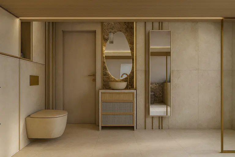 Elegancka łazienka z minimalistycznym designem, złote akcenty, glamour, rustykalny.