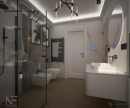 Nowoczesna łazienka z prysznicem, ceramiką i oświetleniem quiet luxury.