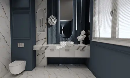 Nowoczesna łazienka w stylu art deco z białymi i ciemnoniebieskimi elementami.